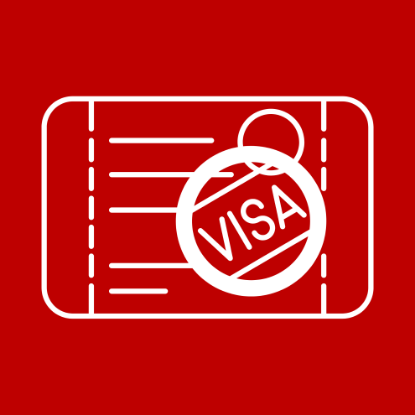 White icon on a red background indicating a stamped document with the word VISA inside a bold circle stamped on it
