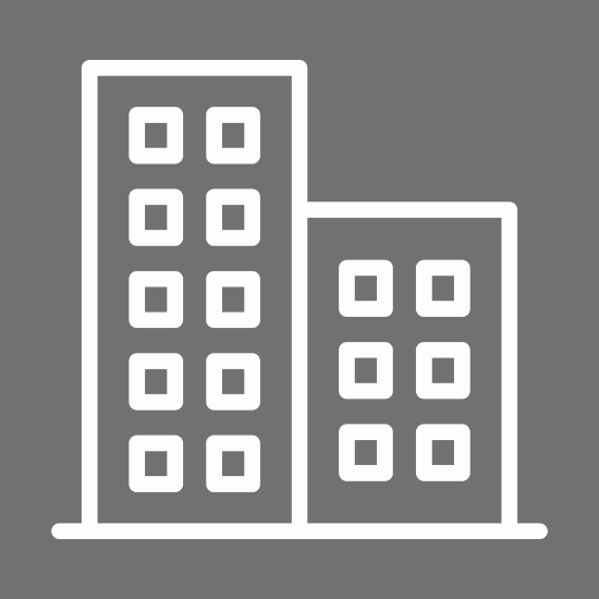 Grey square with a simple white icon image of two, multi-story apartment buildings.