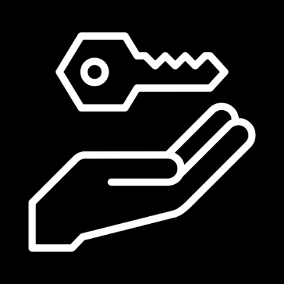 Square image with black background and white outlined icon of a hand, palm-up with a white outlined icon of a key hovering above the hand.